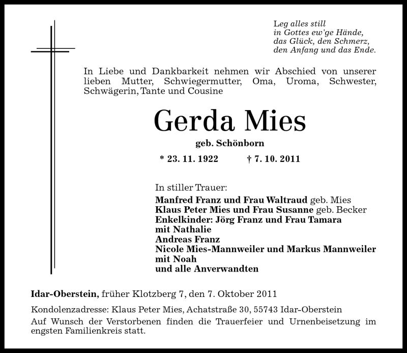 Traueranzeigen Von Gerda Mies Rz Trauer De