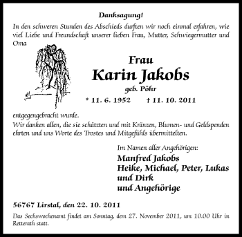 Traueranzeigen Von Karin Jacobs Rz Trauer De