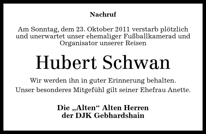 Traueranzeigen Von Hubert Schwan Rz Trauer De