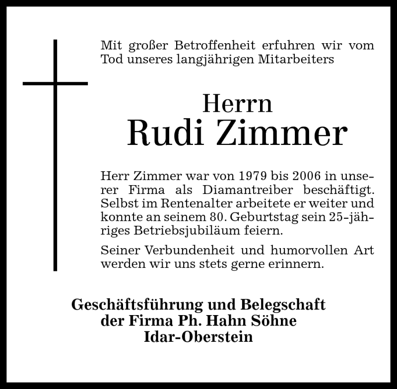 Traueranzeigen Von Rudi Zimmer Rz Trauer De