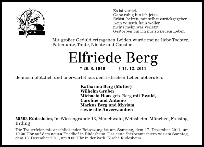 Traueranzeigen Von Elfriede Berg Rz Trauer De