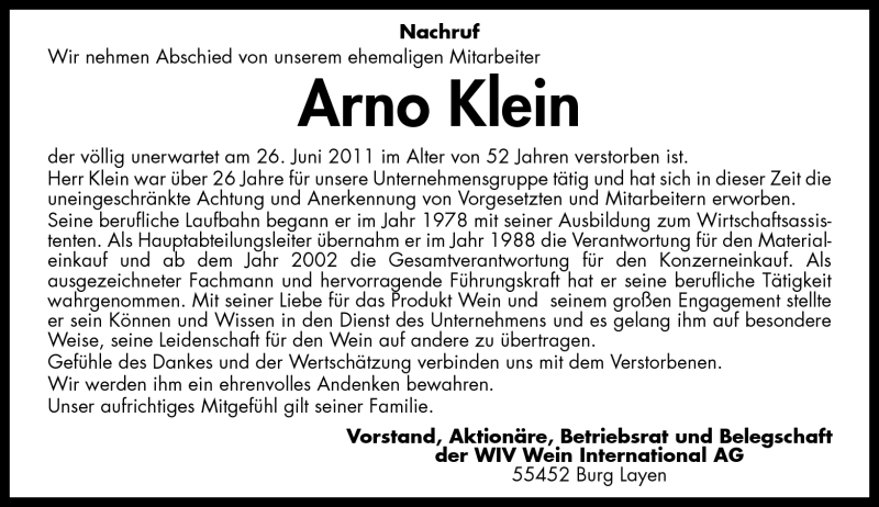 Traueranzeigen Von Arno W Klein Rz Trauer De