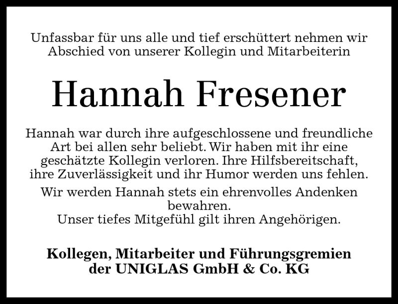 Traueranzeigen Von Hannah Fresener Rz Trauer De