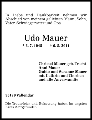 Traueranzeigen Von Udo Mauer Rz Trauer De