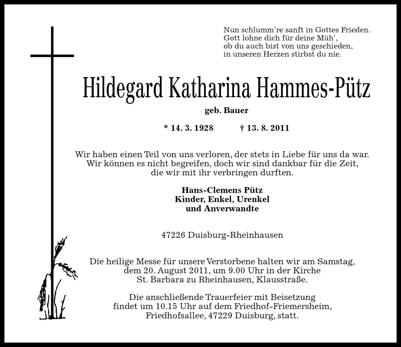 Traueranzeigen Von Hildegard Katharina Hammes P Tz Rz Trauer De