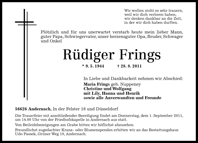 Traueranzeigen Von R Diger Frings Rz Trauer De