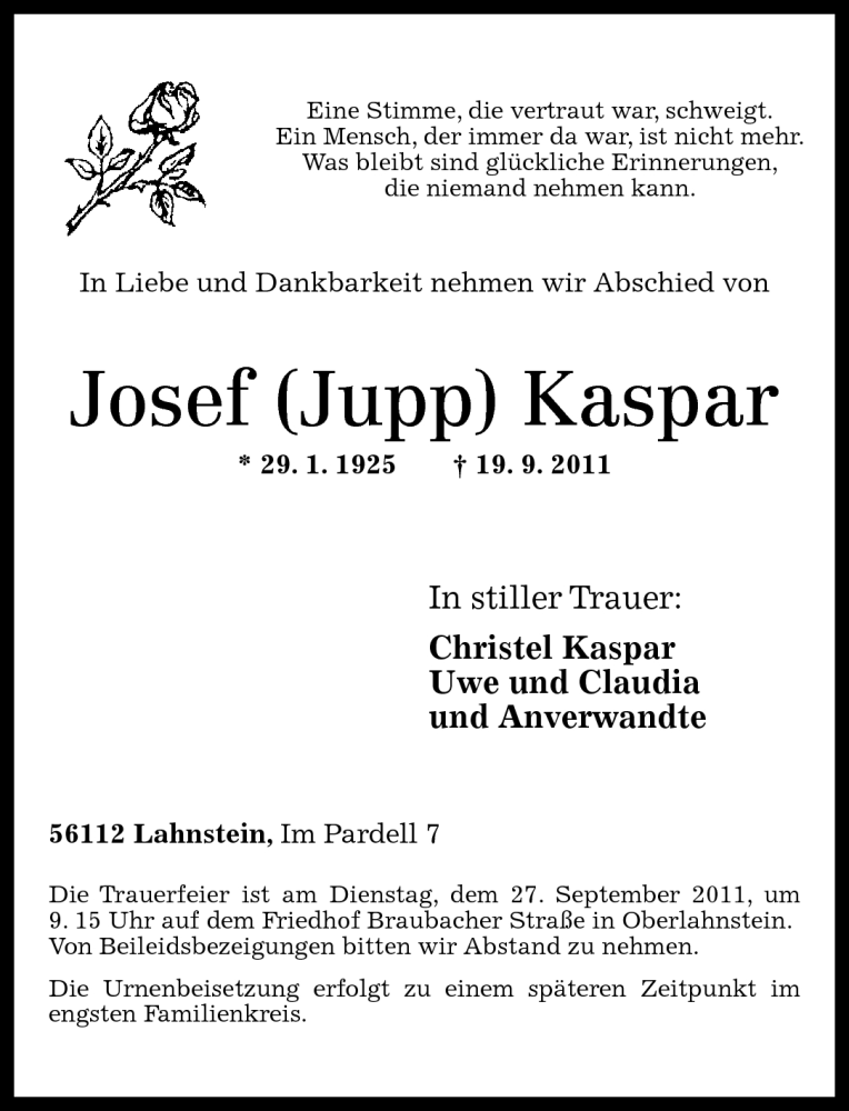 Traueranzeigen Von Josef Kaspar Rz Trauer De