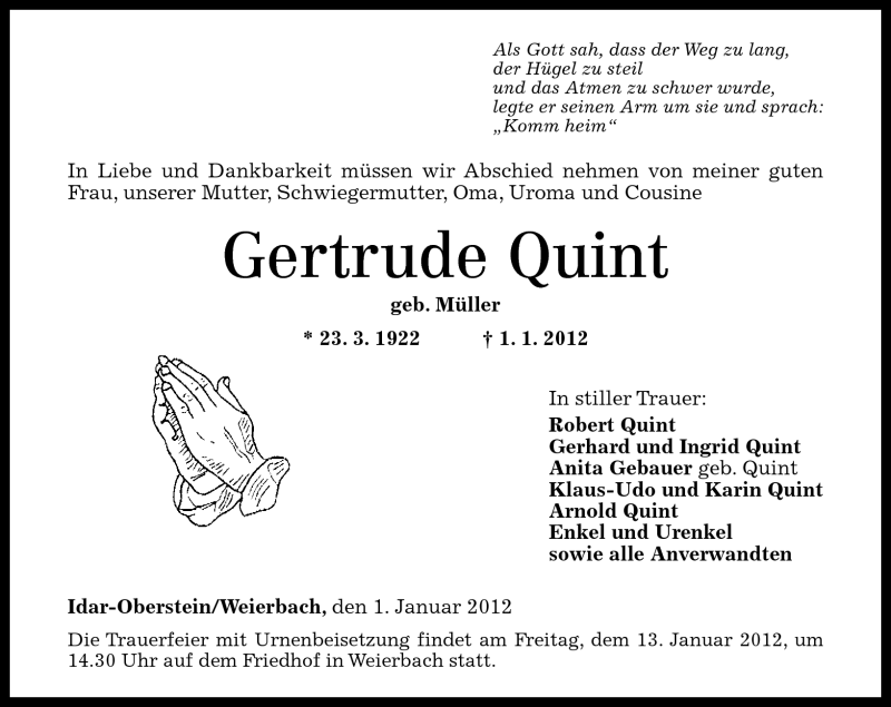 Traueranzeigen Von Gertrude Quint Rz Trauer De