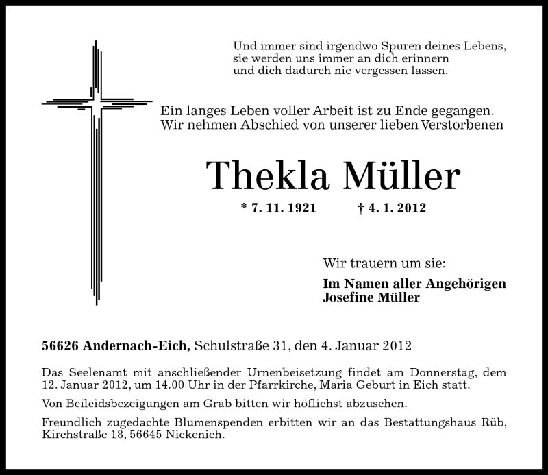 Traueranzeigen Von Thekla M Ller Rz Trauer De