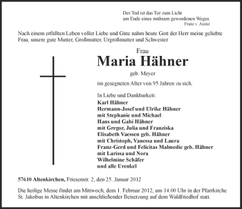 Traueranzeigen von Maria Hähner rz trauer de