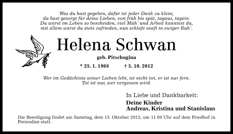 Traueranzeigen Von Helena Schwan Rz Trauer De