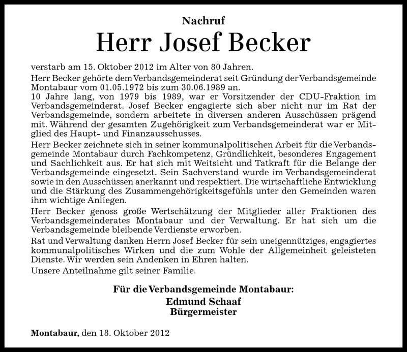 Traueranzeigen Von Josef Becker Rz Trauer De