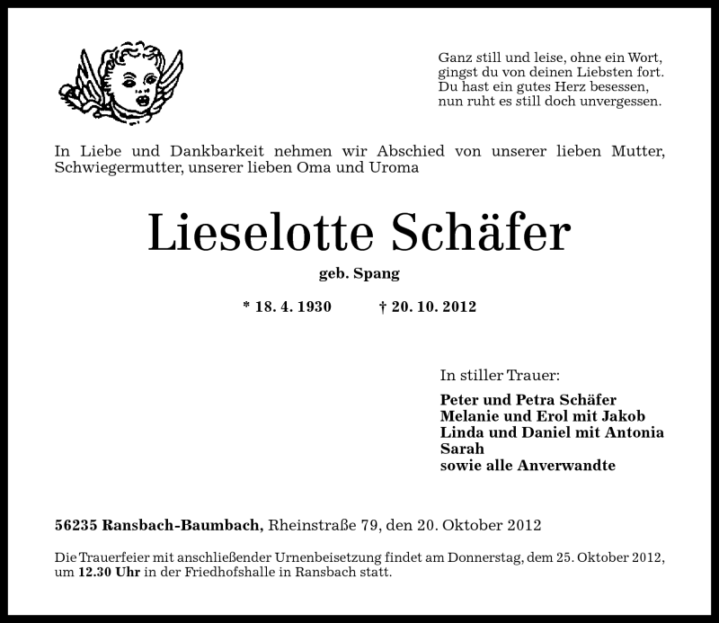 Traueranzeigen von Lieselotte Schäfer rz trauer de