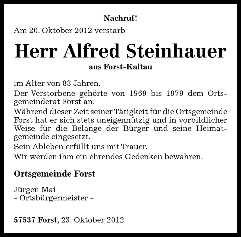 Traueranzeigen Von Alfred Steinhauer Rz Trauer De