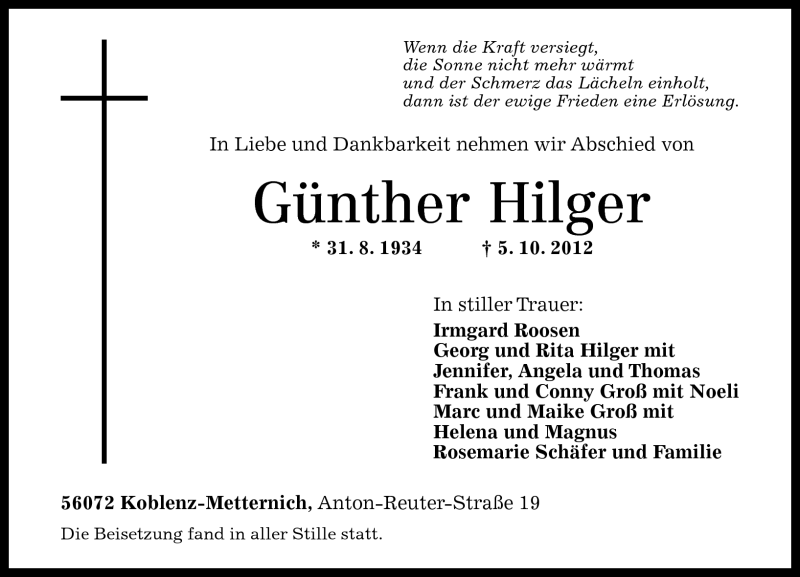 Traueranzeigen Von G Nther Hilger Rz Trauer De