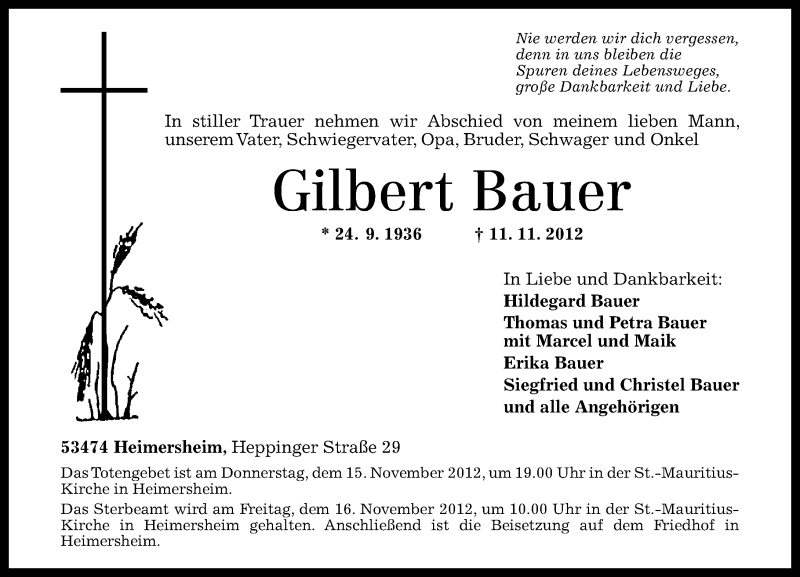 Traueranzeigen Von Gilbert Bauer Rz Trauer De