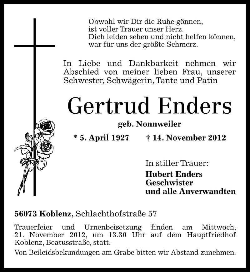 Traueranzeigen Von Gertrud Enders Rz Trauer De