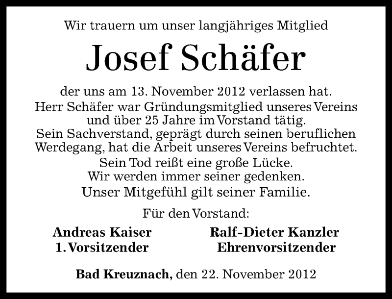 Traueranzeigen Von Josef Sch Fer Rz Trauer De