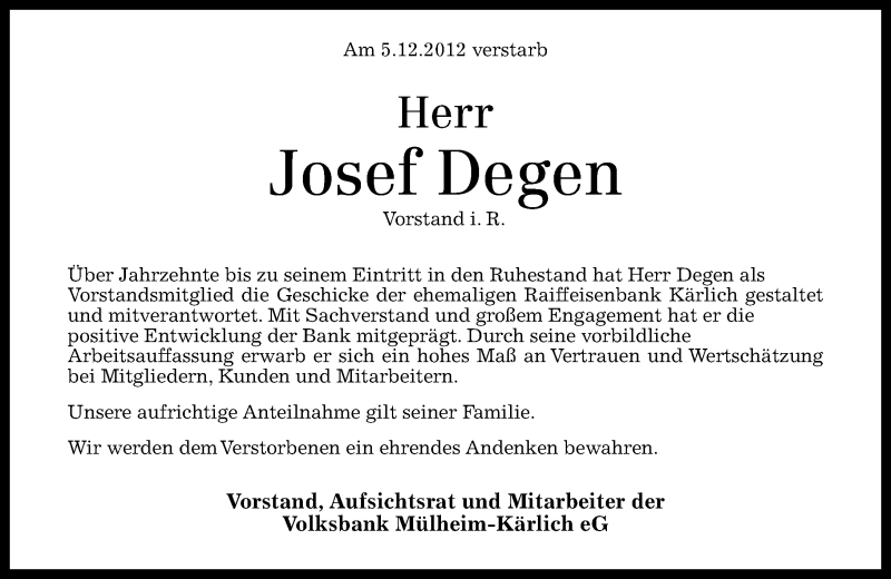 Traueranzeigen Von Josef Degen Rz Trauer De