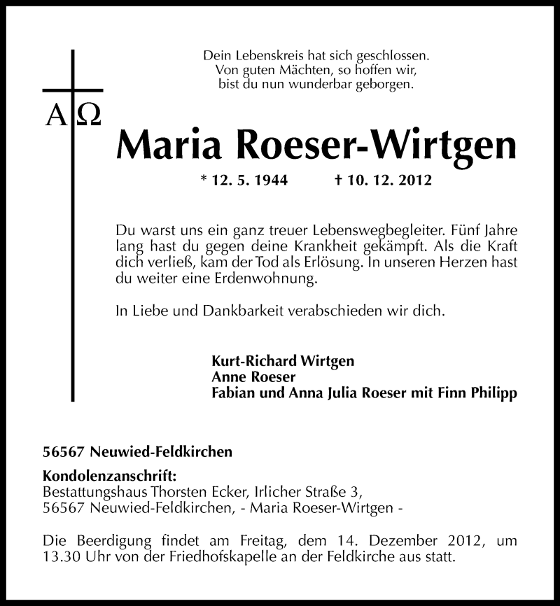 Traueranzeigen Von Maria Roeser Wirtgen Rz Trauer De