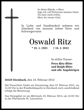 Traueranzeigen Von Oswald Ritz Rz Trauer De