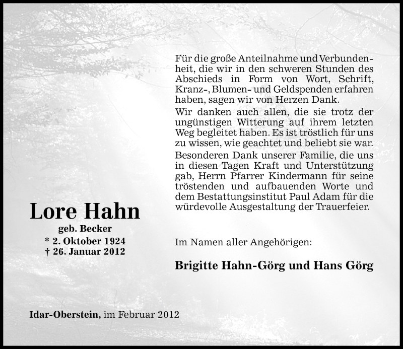 Traueranzeigen Von Lore Hahn Rz Trauer De