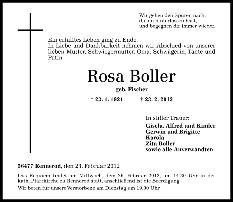 Traueranzeigen Von Rosa Boller Rz Trauer De