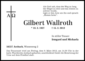 Traueranzeigen Von Gilbert Wallroth Rz Trauer De