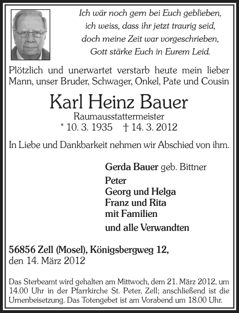 Traueranzeigen Von Karl Heinz Bauer Rz Trauer De