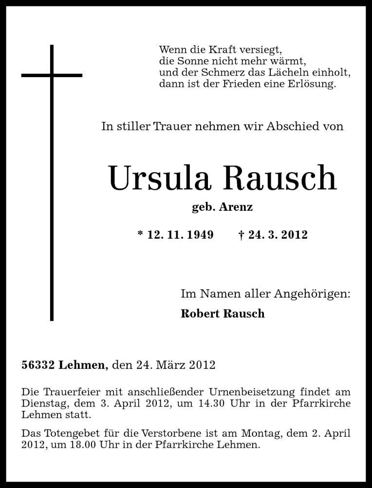 Traueranzeigen Von Ursula Rausch Rz Trauer De