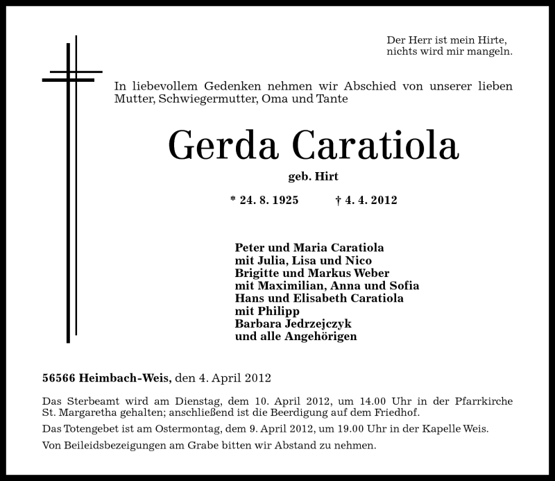 Traueranzeigen Von Gerda Caratiola Rz Trauer De