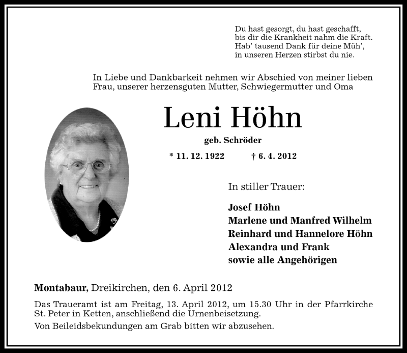 Traueranzeigen Von Leni H Hn Rz Trauer De