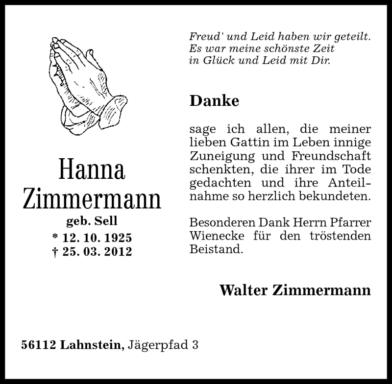 Traueranzeigen Von Hanna Zimmermann Rz Trauer De