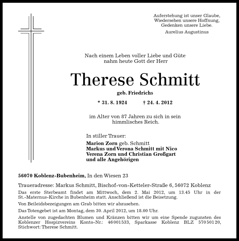 Traueranzeigen Von Therese Schmitt Rz Trauer De