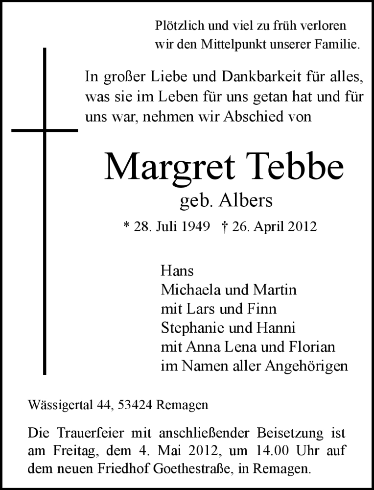 Traueranzeigen Von Margret Tebbe Rz Trauer De