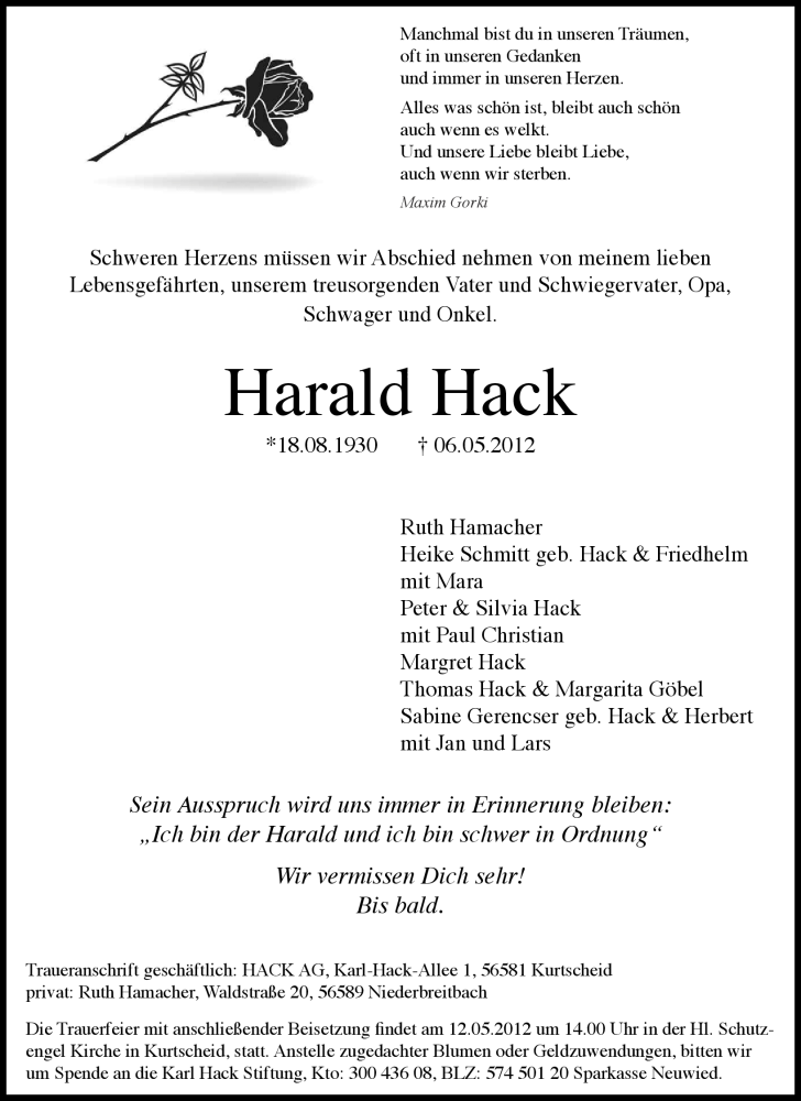 Traueranzeigen Von Harald Hack Rz Trauer De