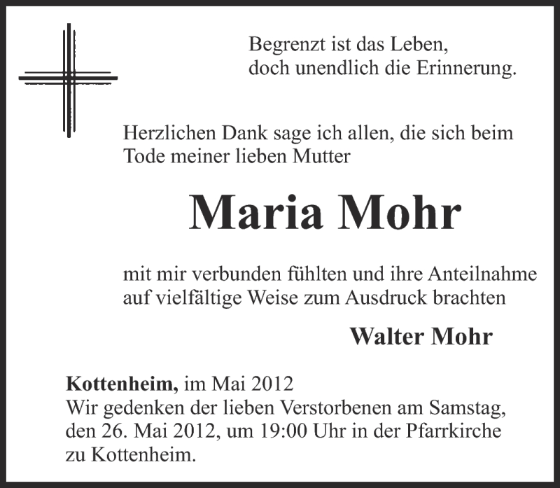 Traueranzeigen Von Maria Mohr Rz Trauer De