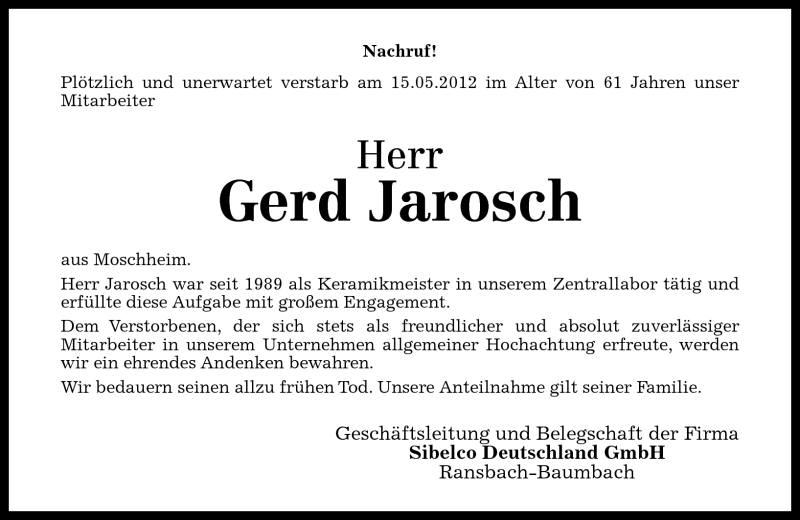 Traueranzeigen Von Gerd Jarosch Rz Trauer De