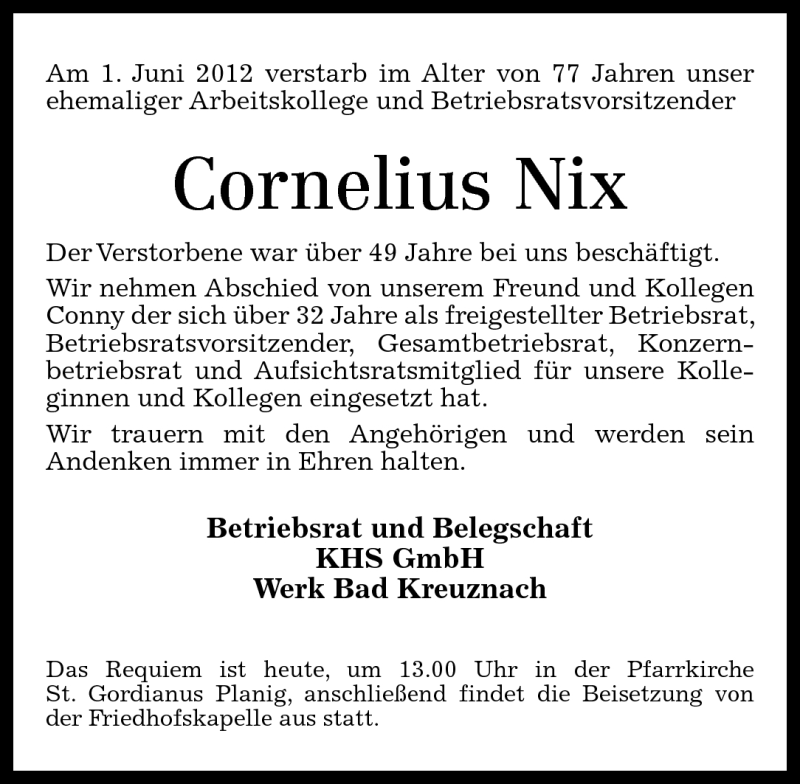 Traueranzeigen Von Cornelius Nix Rz Trauer De