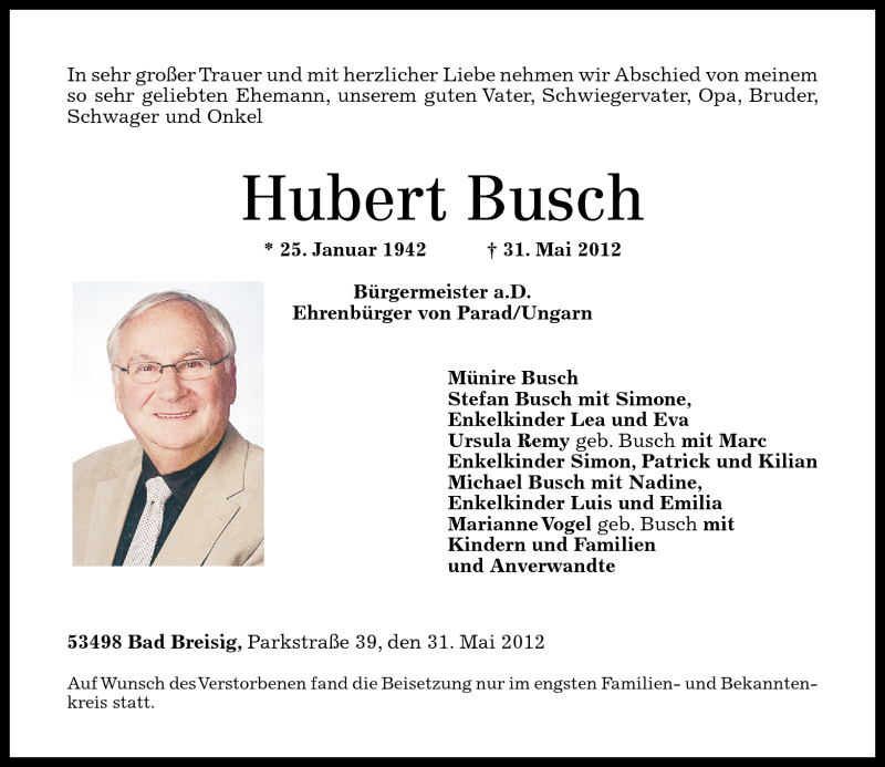 Traueranzeigen Von Hubert Busch Rz Trauer De