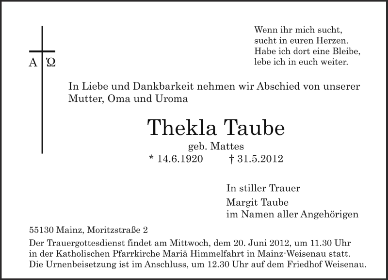 Traueranzeigen Von Thekla Taube Rz Trauer De