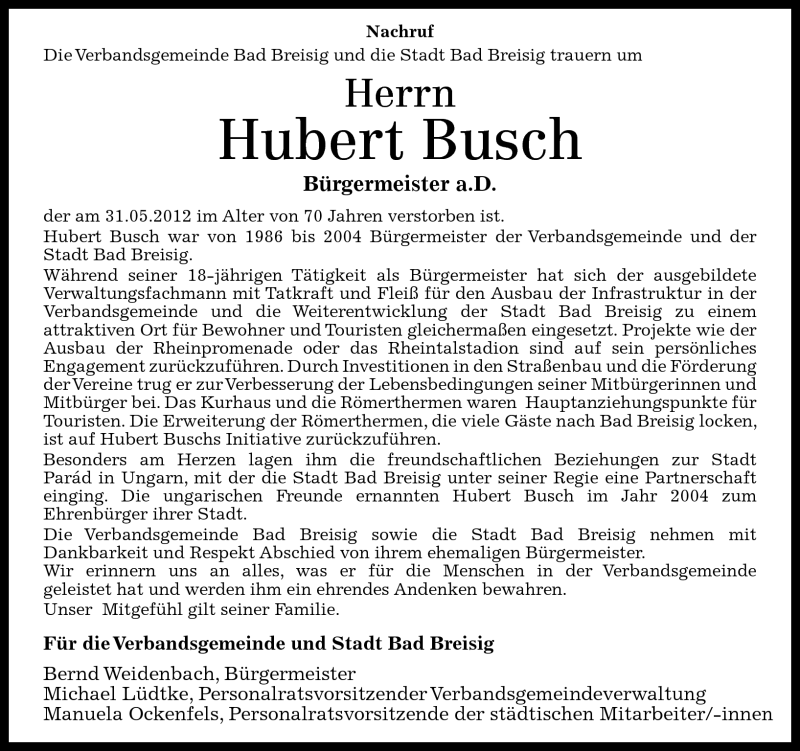 Traueranzeigen Von Hubert Busch Rz Trauer De