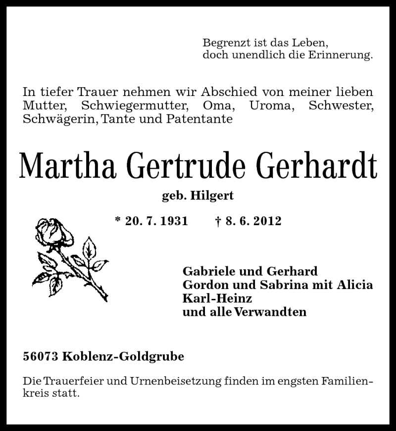 Traueranzeigen Von Martha Gertrude Gerhardt Rz Trauer De