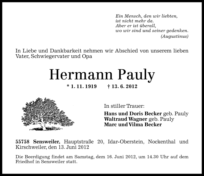 Traueranzeigen Von Hermann Pauly Rz Trauer De