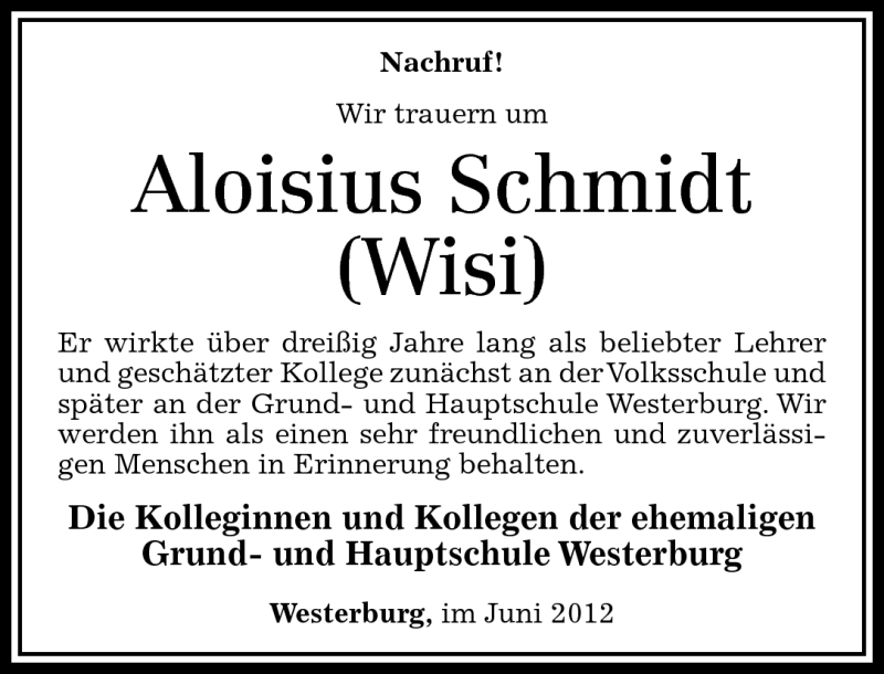 Traueranzeigen Von Aloisius Schmidt Rz Trauer De