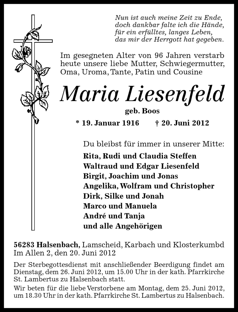 Traueranzeigen Von Maria Liesenfeld Rz Trauer De