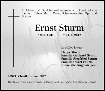 Traueranzeigen Von Ernst Sturm Rz Trauer De