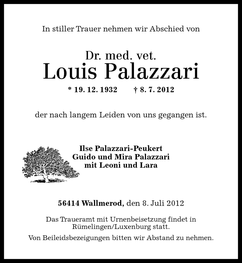 Traueranzeigen Von Louis Palazzari Rz Trauer De