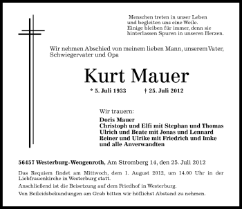 Traueranzeigen Von Kurt Mauer Rz Trauer De