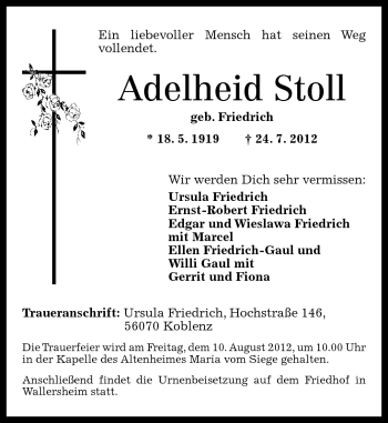 Traueranzeigen Von Adelheid Stoll Rz Trauer De